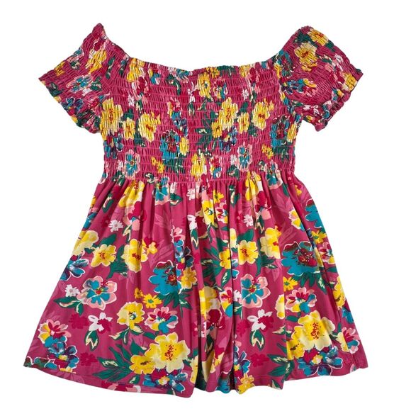 Bobbie Brooks Blouse Large Pink Floral Smocked Off Shoulder Boho Summer Peplum - Picture 2 of 9